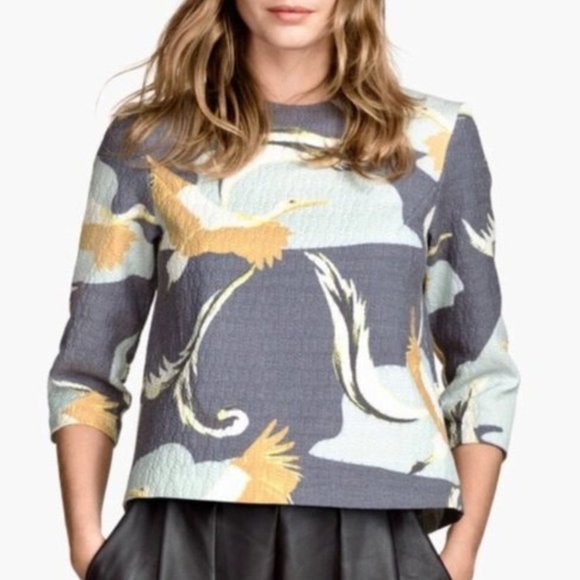 H&M Crane Print 3/4 Sleeve Blouse - Picture 3 of 6